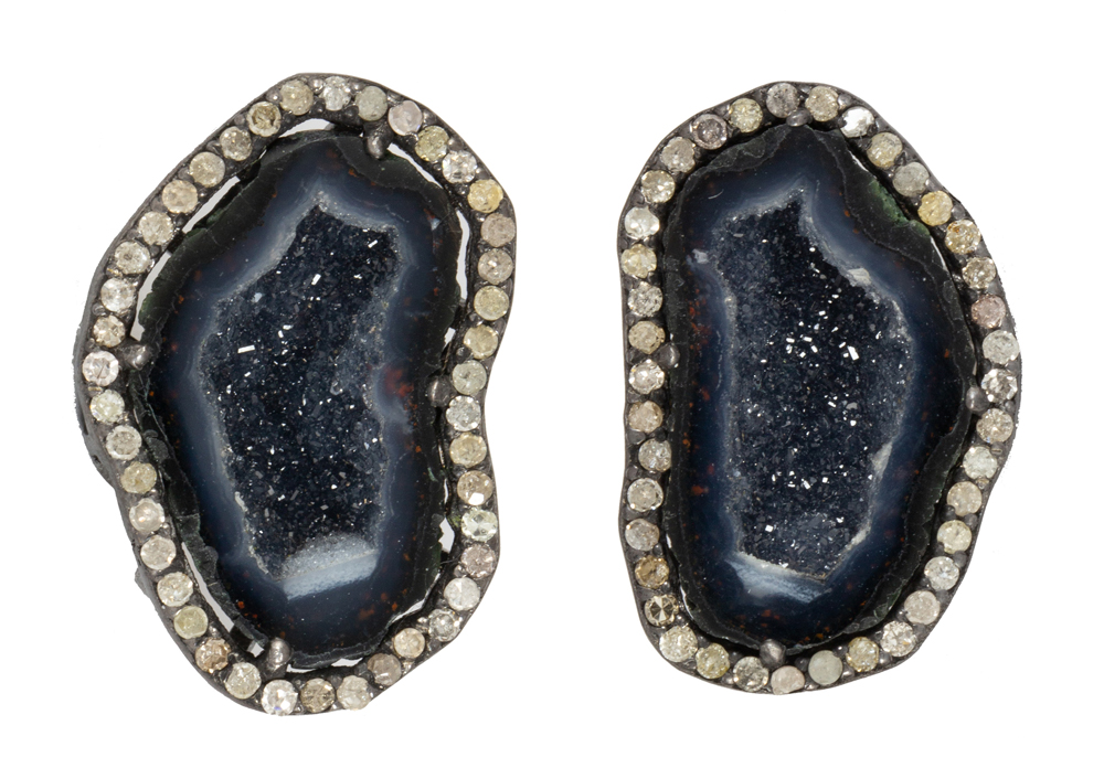 Pair of geode, diamond, blackened and gilted-silver, metal earrings