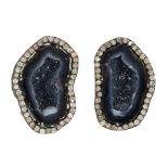Pair of geode, diamond, blackened and gilted-silver, metal earrings