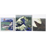 (lot of 3) Modern ceramic art tile group, consisting of a polychrome tile depicting "The Wave", 7.