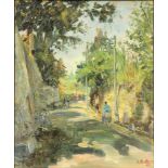 Follower of Pierre Eugene de Montezin (1874-1946), Untitled (Sunlight on a Road with Figures) oil on