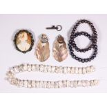 (Lot of 5) Cultured pearl, shell cameo, multi-stone, yellow gold and metal jewelry Including 1)