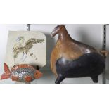 (lot of 3) Enzy pottery group, consisting of a fish form rattle, 3.5"h x 7.5"w; a hand-painted