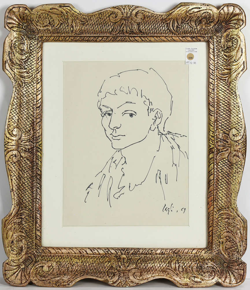 Portrait of a Young Man, 1959, ink on paper signed "Ingli" and dated lower right, overall with