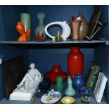 (lot of approx. 21) Two shelves of art pottery, consisting of vases, bowls, wall mount plaques,