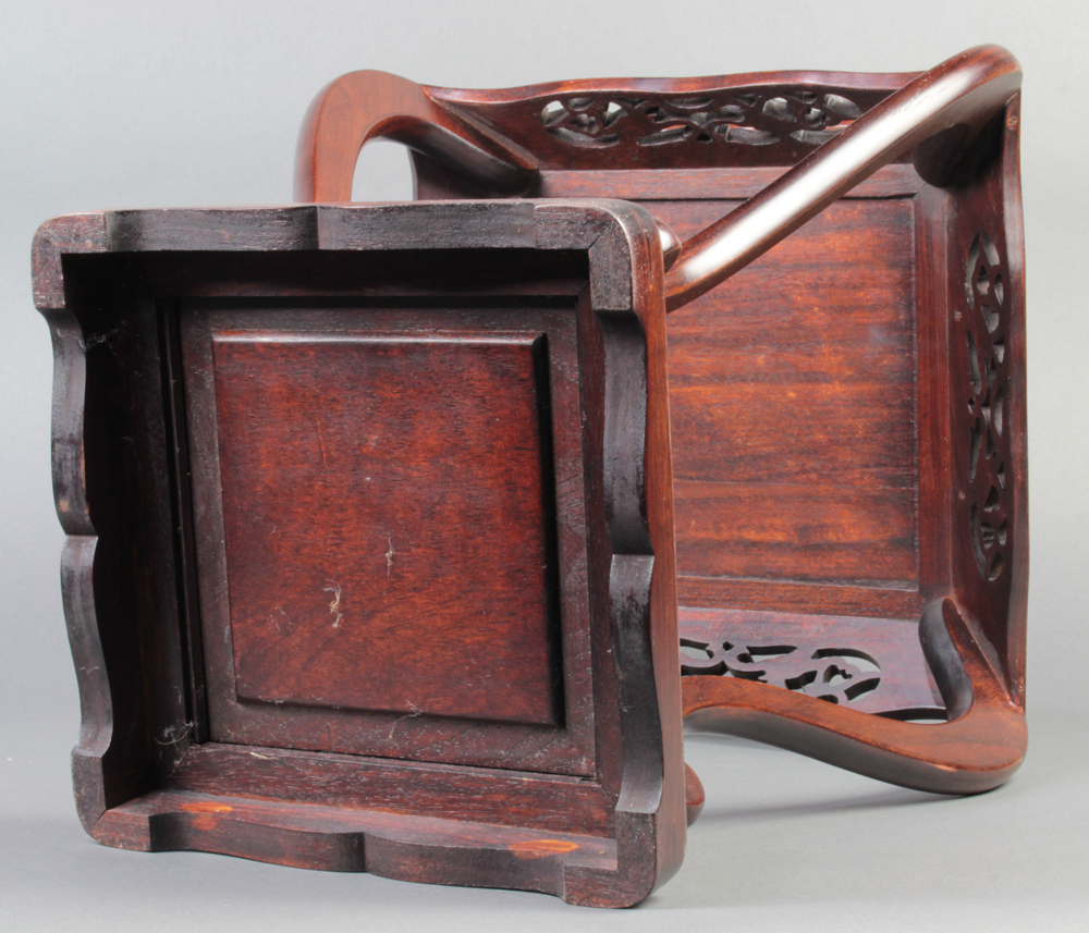 Chinese wood stand, with a square top and a pierced apron, raised on cabriole supports on a square - Image 4 of 4