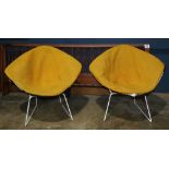 Pair of vintage Bertoia for Knoll Diamond chairs, each having a white wire frame with yellow