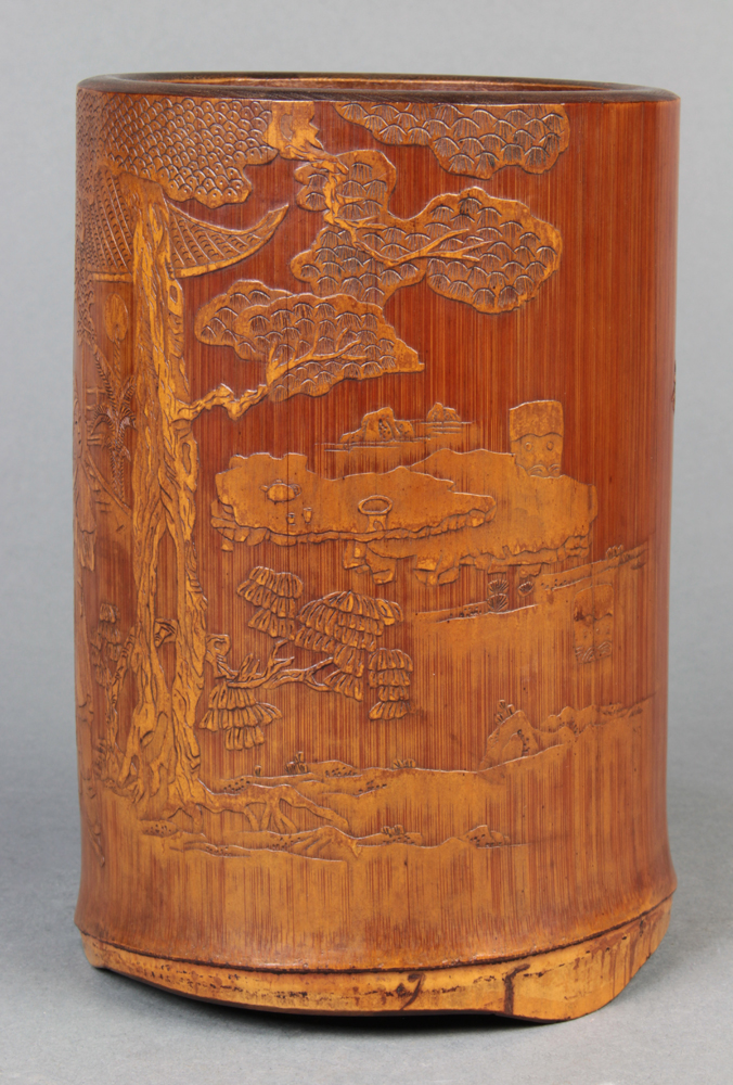 Chinese bamboo brush pot, featuring a gentleman holding a whip outside a villa, reversed by a - Image 3 of 6