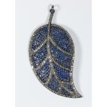 Sapphire, diamond and blackened silver leaf-form pendant