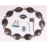 (Lot of 5) Native American multi-stone, silver jewelry Including 2) inlaid turquoise, silver hair