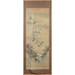 Japanese panel, ink, color and embroidery on silk, depicting wild geese, lower left with the