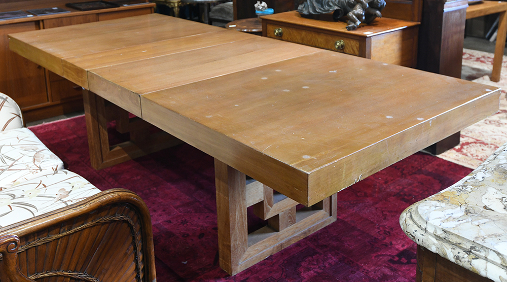 Mid-Century Asian inspired dining table, having a rectangular top with two 12"l leaves, and rising