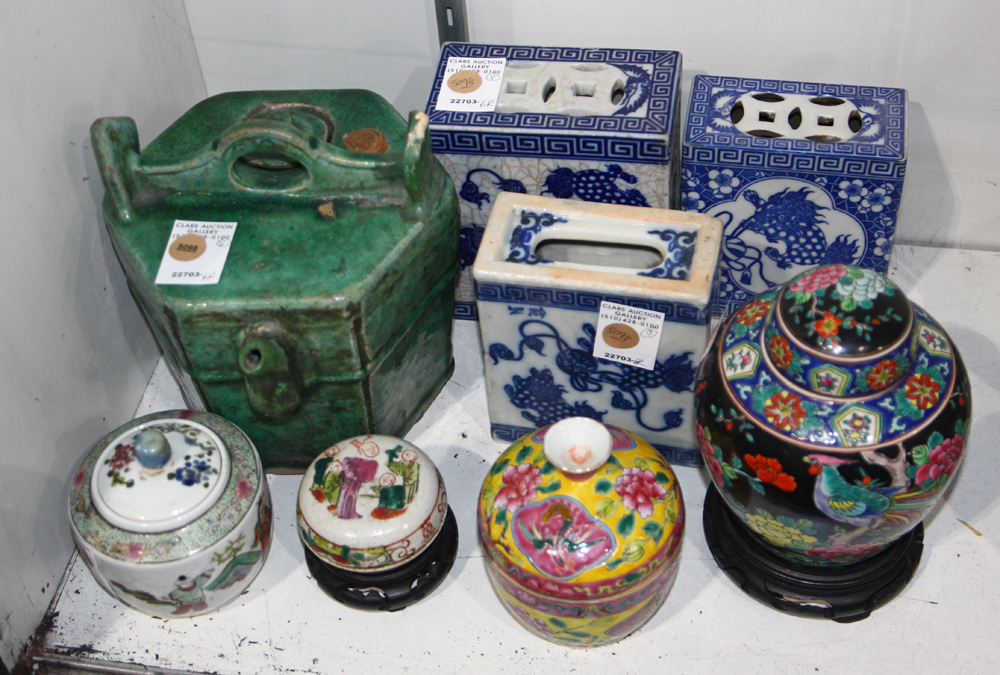 (lot of 8) Assorted group of Chinese ceramics: three blue-and-white pillows; two lidded jars, a