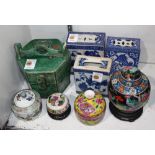 (lot of 8) Assorted group of Chinese ceramics: three blue-and-white pillows; two lidded jars, a