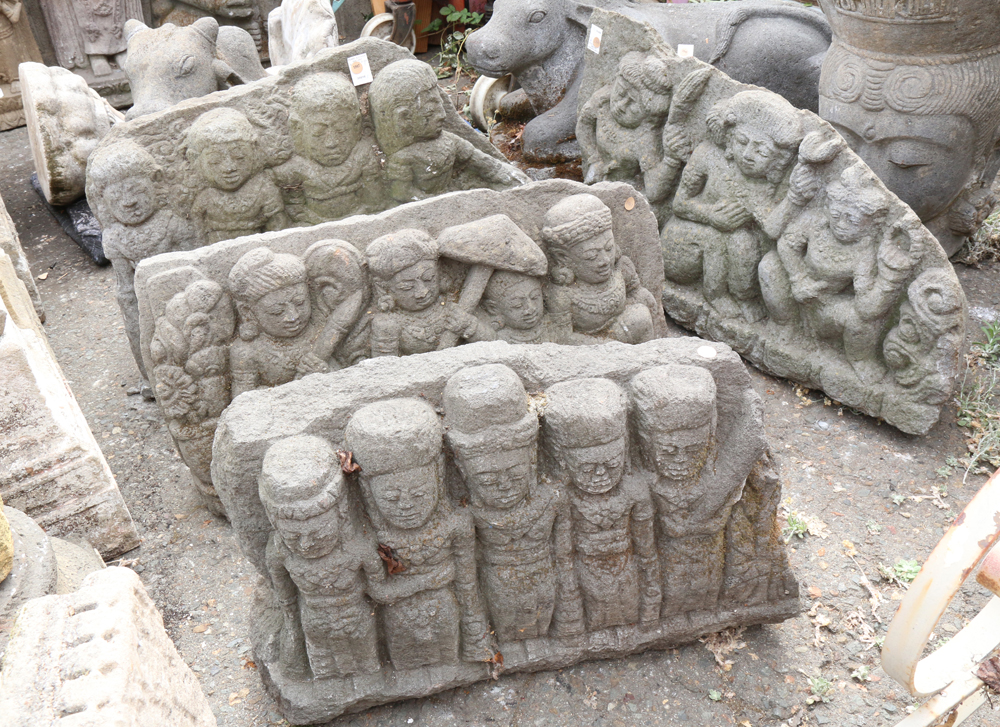 (lot of 4) South/Southeast Asian stone fragments, each carved with a row of figures, 32"w - Image 2 of 2