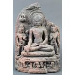 Indian Buddhist stone carving, of historical Buddha seated and with right hand in bhumisparsha