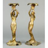 Art Nouveau style gilt figural candlesticks, each having a single light above a female figure