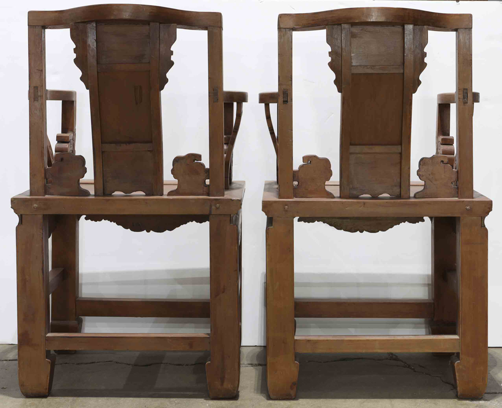 Pair of Chinese wooden armchairs, with a shaped back rail and a back splat painted with figures, the - Image 2 of 2