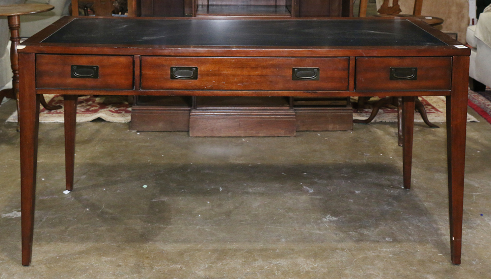 Mahogany executive work station, manufactured by Hooker, having an inset leather writing surface