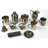(lot of 11) Assorted sterling silver table articles, consisting of a cocktail shaker, a creamer with