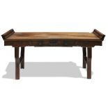 Chinese hardwood narrow table (qiaotou'an), inset with a floating top panel with upturned flanges,