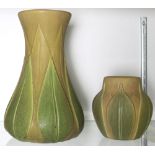 (lot of 2) Roseville Velmoss Pottery group, each having a repeating relief molded foliate pattern in