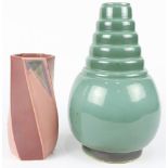 (lot of 2) Roseville ceramic vessel group in the "Futura" pattern, consisting of a green vase with a