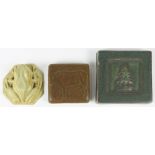(lot of 3) Pewabic ceramic tile group, consisting of a high relief molded octagonal tile depicting a