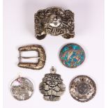 (Lot of 6) Turquoise, 9k rose gold, sterling silver and silver jewelry Including 1) repousse sun