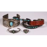 (Lot of 6) Multi-stone , silver jewelry Including 2) turquoise, silver cuff bracelets; 1) spiny