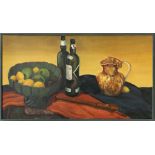 Still Life with Fruit, Wine Bottles and Pitcher, oil on canvas, unsigned, 20th century, overall (