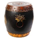 (lot of 2) Japanese pair of wooden black drum-shaped storage containers, carvings on the lid,