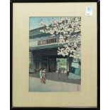 Kasamatsu Shiro (Japanese, 1898-1991), woodblock print depicting cherry blossoms, figures and