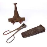 (lot of 3) Iron tool group, consisting of an antique hand-forged iron splitting wedge