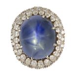 Star sapphire, diamond, 14k white gold ring