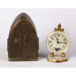 Mother-of-pearl and metal travel clock with box