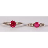 (Lot of 2) Synthetic ruby, diamond, gold rings