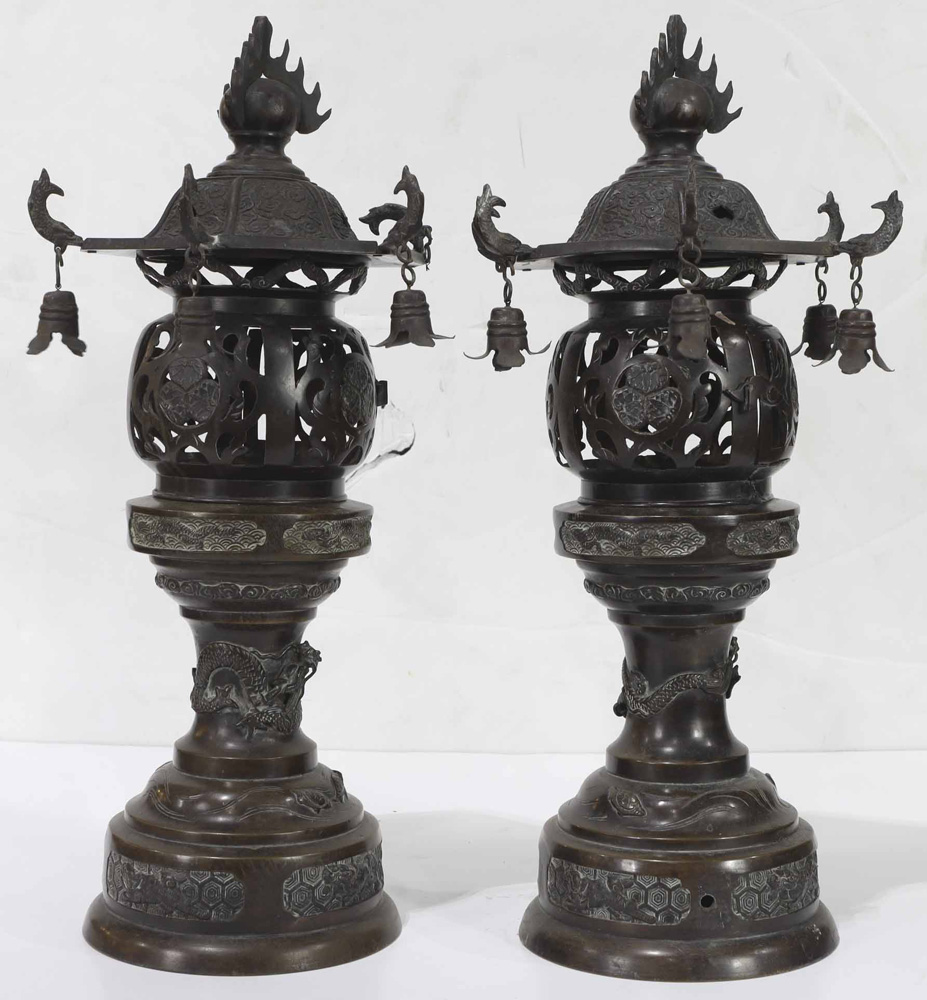 Japanese Pair of Bronze Toro Lanterns,