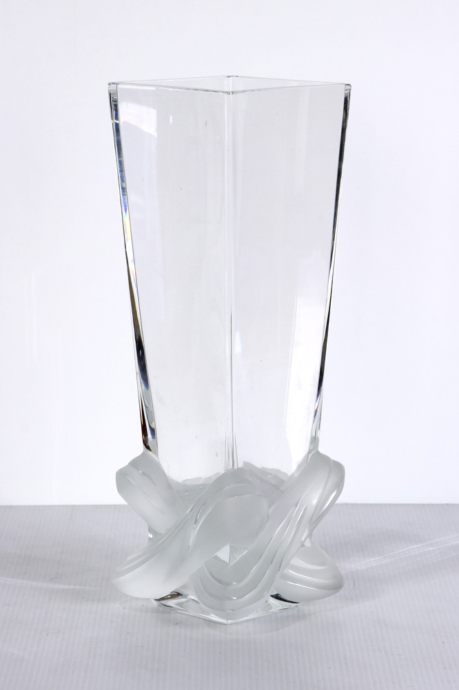 Lalique France square cylindrical vase with a frosted base