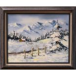 Painting, Mountain Snow Scene with Cabin
