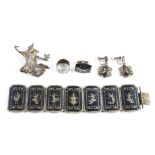 (Lot of 5) Siamese, niello, enamel, sterling silver, silver jewelry