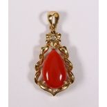 Coral, diamond, 14k yellow gold pendant