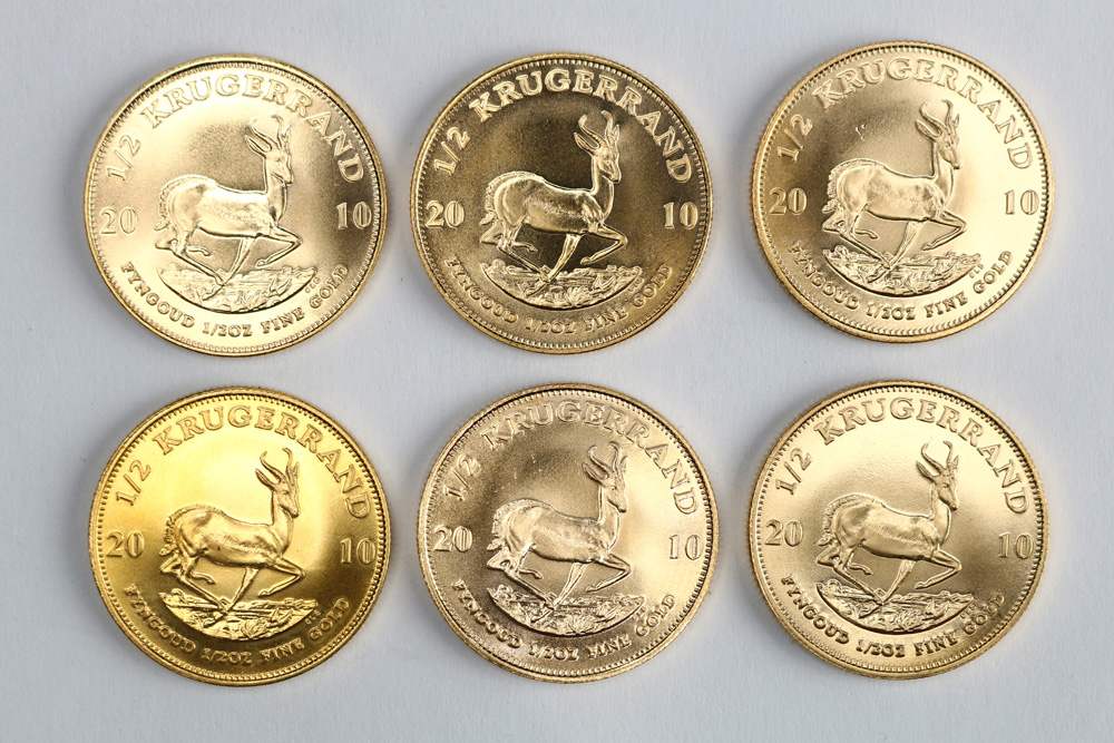 (lot of 6) 2010 1/2 ounce gold South African Krugerrands