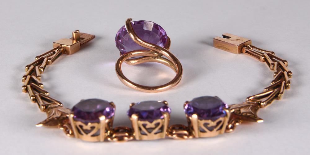 Synthetic color-change sapphire, rose gold jewelry suite - Image 2 of 2