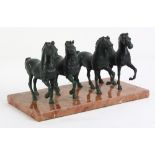 Archaistic style patinated figural horses, mounted on a marble plinth, 6