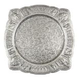 Indian silver tray, the chamfered square dish form tray with a shallow well
