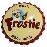 Drink Frostie root beer enameled metal sign in the form of a bottle cap