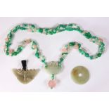 (Lot of 3) Carved jade, glass bead jewelry and items