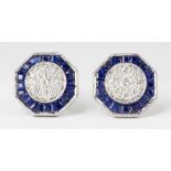 Pair of diamond, sapphire, 18k white gold earrings