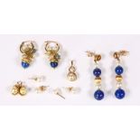 (Lot of 7) Cultured pearl, diamond, lapis lazuli, yellow gold jewelry
