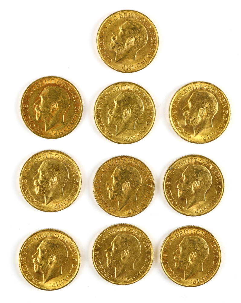 (lot of 10) 1911 Great Britain George V Sovereign gold coins, .2355 oz each